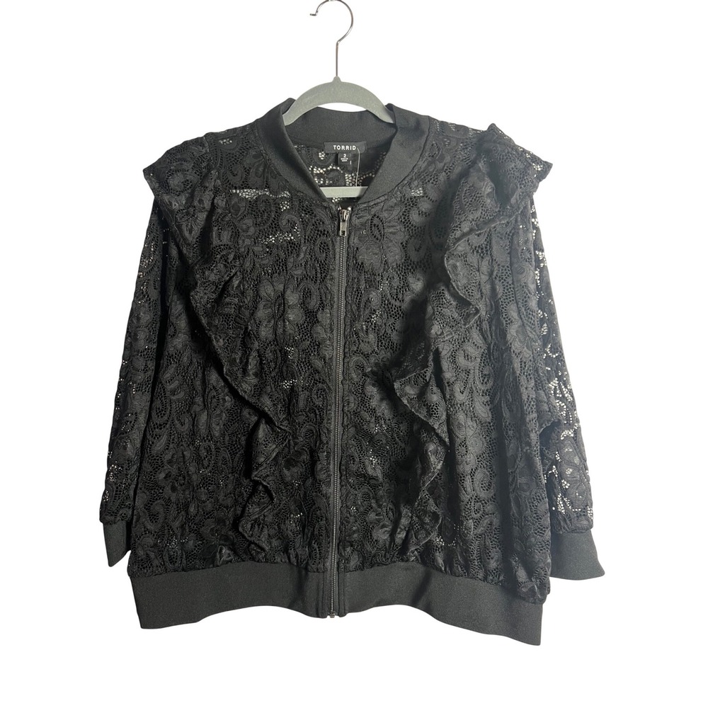 Torrid Black Lace Ruffle Bomber Jacket Size 18/20 Full Zip Whimsygoth NEW‎ - Picture 2 of 9